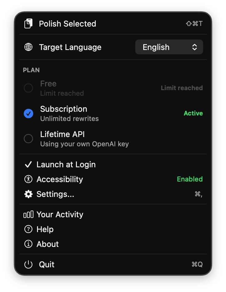 Polished menu bar app
